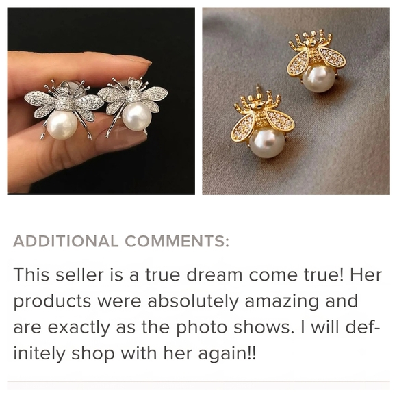 Bee Earrings Pearl Rhinestone  Gold Vermeil S925 Studs - Picture 5 of 13